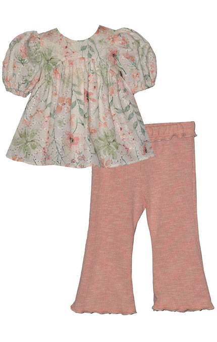 Floral Puff Sleeve Top and Peach Flare Pants Set