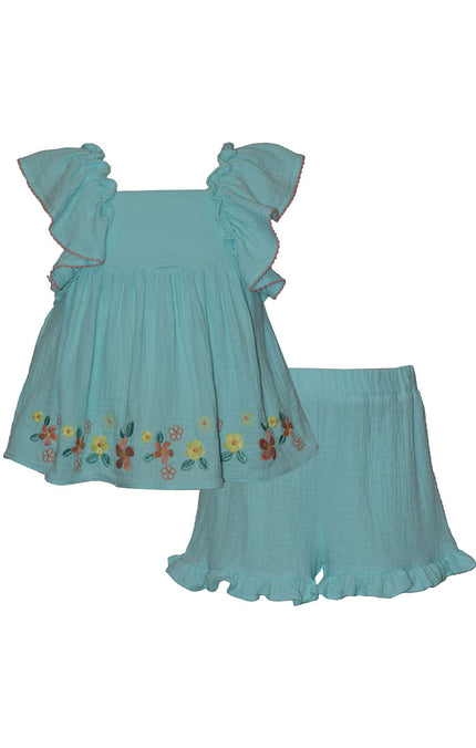 Aqua Embroidered Flower Flutter Gauze Shorts Set