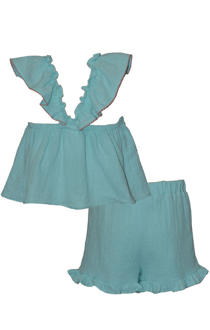 Aqua Embroidered Flower Flutter Gauze Shorts Set