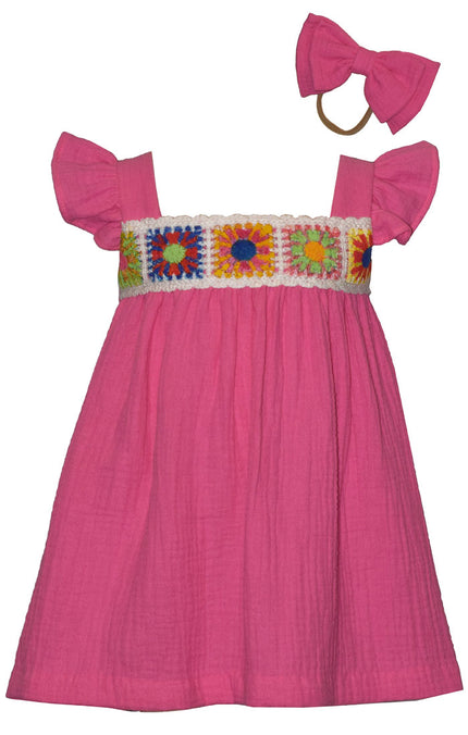 Pink Crochet Top Flutter Sleeve Dress