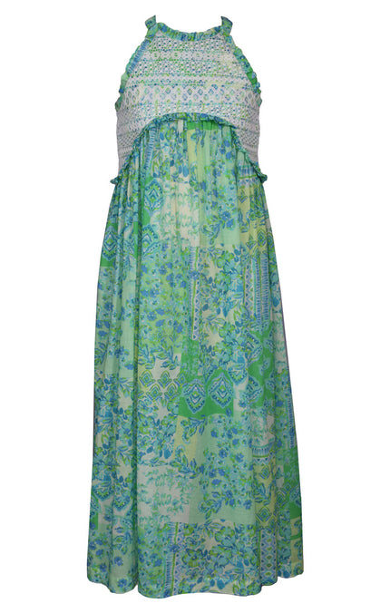 Green Cage Back Tropical Maxi Dress