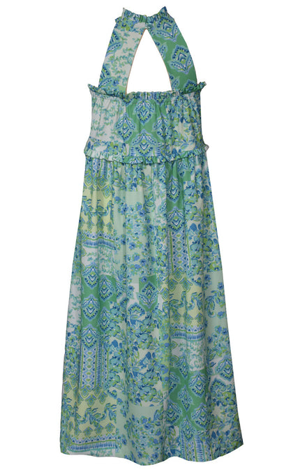 Green Cage Back Tropical Maxi Dress