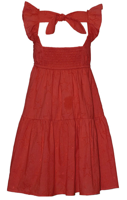 Red Smocked Tie Back Dress