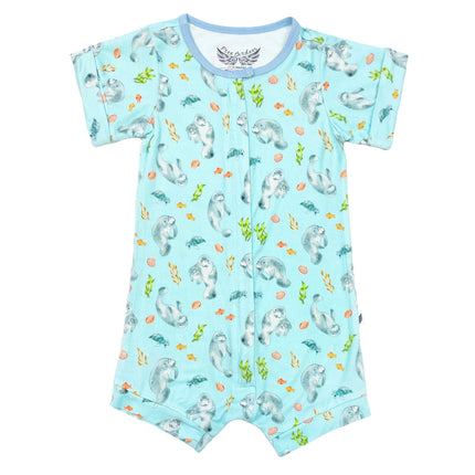 Get Your Float on Manatees Bamboo Short Two-Way Zippy Romper 0-24M