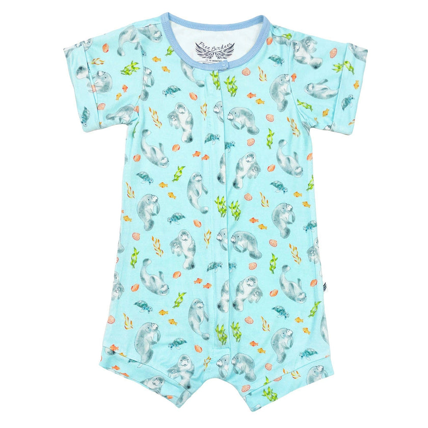 Get Your Float on Manatees Bamboo Short Two-Way Zippy Romper 0-24M