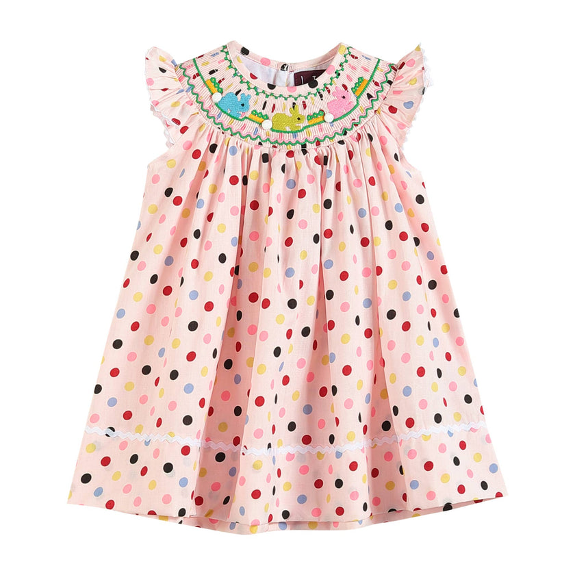 Pink Polka Dot Easter Bunny Smocked Bishop Dress