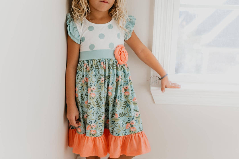 Kids Sage & Dusty Blue Floral Rosette Easter Twirl Dress