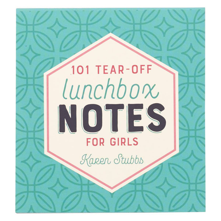 Share a nutritious snack and a simple truth from God's Word when you include a note from the encouraging 101 Lunchbox Notes For Girls in your daughter or granddaughter's lunchbox.&nbsp; This bright teal notepad displays the title in a fun design within a creamy white hexagon outlined in pink.&nbsp;101 Tear-Off Lunchbox Notes for Girls&nbsp; Colorfully decorated and thoughtfully designed, each note features a motivating phrase, and many feature a corresponding Scripture verse. Your daughter, niece, or grandd