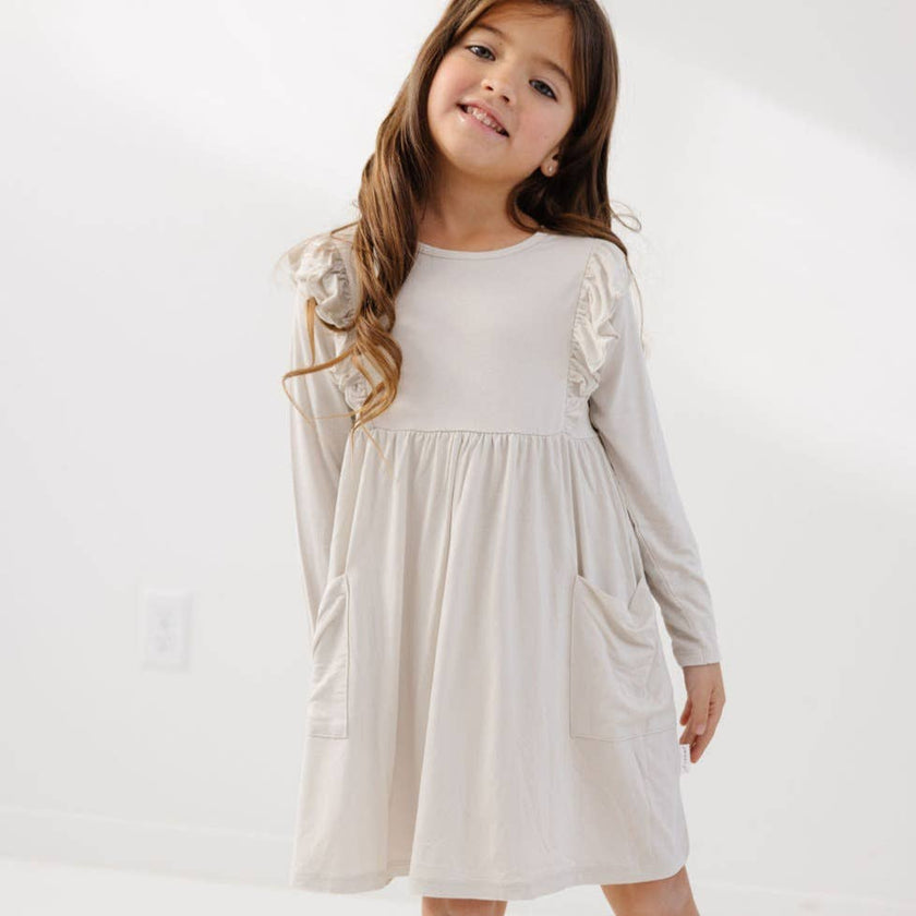 Bamboo Ruffle Pocket Dress- Creamy Stone