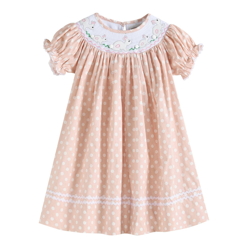 Pink and White Dot Easter Bunny Smocked Bishop Dress