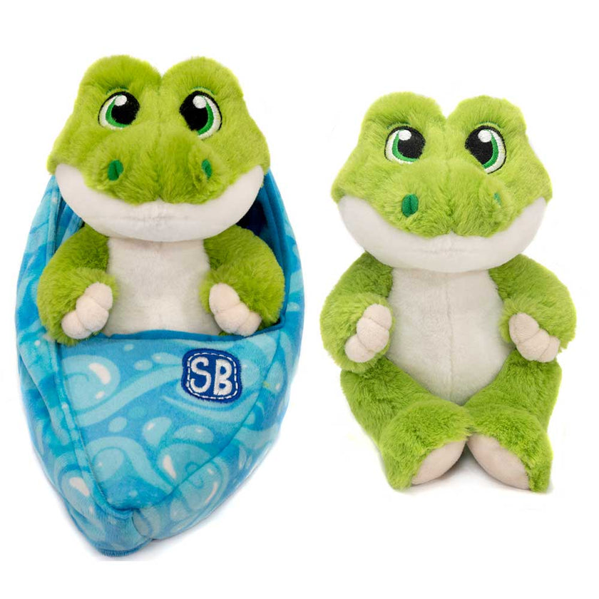 Creative Child Awards – Top Toy of the Year for 2021, 2022, & 2023 This baby alligator is ready to travel where your adventures take you! Comes complete with wave-printed cloth sling so it can be worn or carried. Plush measures 10
