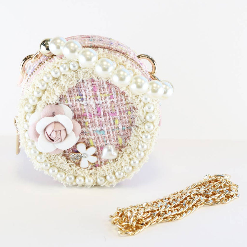 Pearl Trim Round Tweed Purse - Assorted