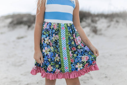 Kids Pink & Blue Wide Stripe Floral Ruffle Easter Dress