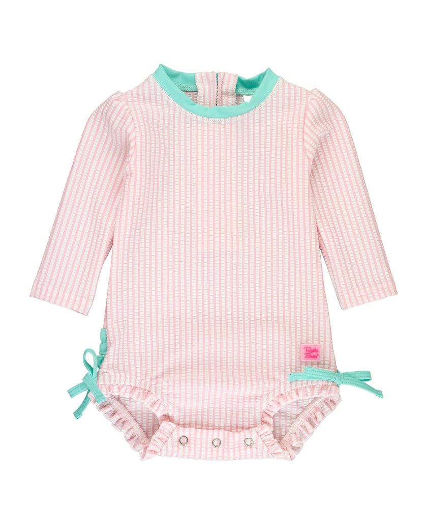 Pink Seersucker Long Sleeve One Piece Rash Guard