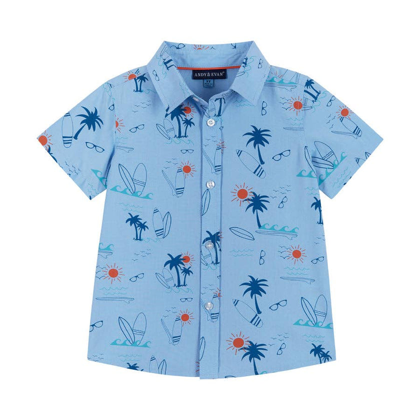 Ss Buttondown - Lt Blue Palms
