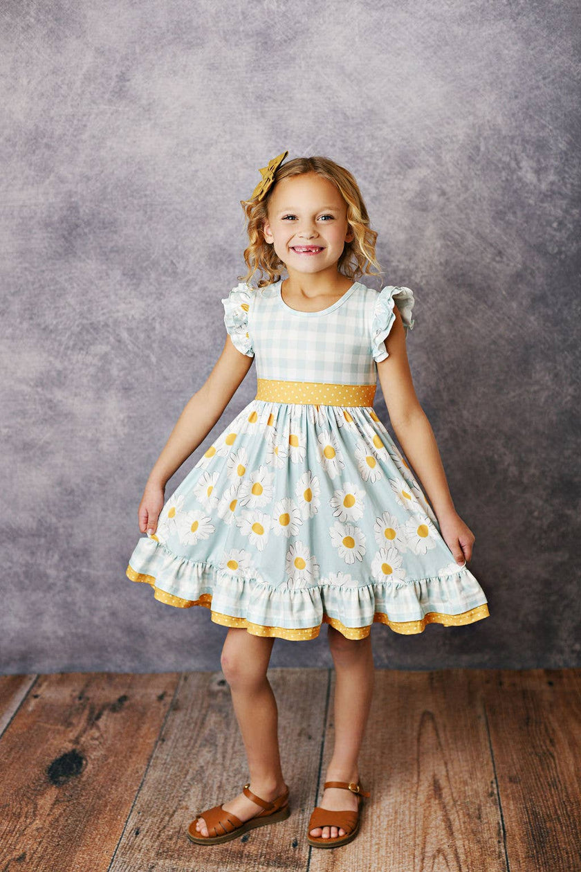 Kids Gingham Check Daisy Ruffle Twirl Spring Easter Dress – Little-Minnows