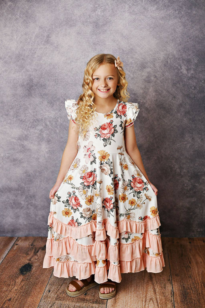 Kids Ivory Botanical Flutter Sleeve Ruffles Spring Dress