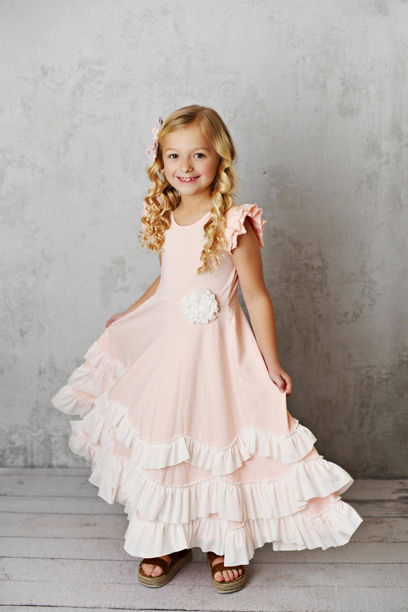 Kids Light Pink Ruffles Flutter Sleeve Rosette Spring Dress