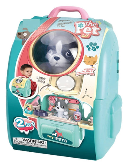 Pet Groomer in a Backpack, 15 pcs Features:: Pretend play has never been easier with these smartly designed backpacks and totes. Styles contain quality items that open up to become a full playset and store back inside an innovative backpack or carrying tote for easy transport and storage! Fine motor skills toy, great for at home or on the go play. Decorate decals included. Pieces include: Scissors, Comb, Shampoo, Treats, Food, Water Bowl, Sink, Dog, Assembly Pieces, Decorative Decals Material: PP Plastic Pa