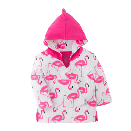 The cover-ups are long-sleeved, offer a roomy hood and front pocket with whimsical designs! With our super soft and absorbent terry cloth fabric, your baby will not only be protected from the sun but will remain snug and warm after swim time! Small - 0-12 months. Large - 12 -24 months.