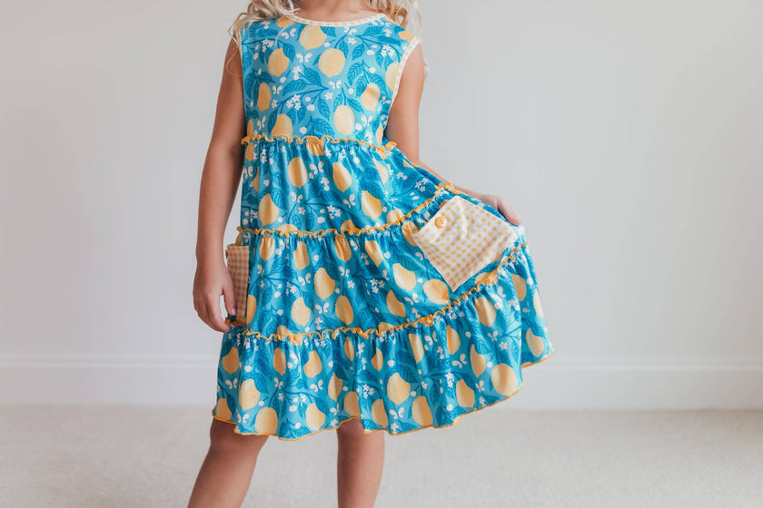 Kids Teal Lemon Pocket Bow Spring Easter Ruffle Dress