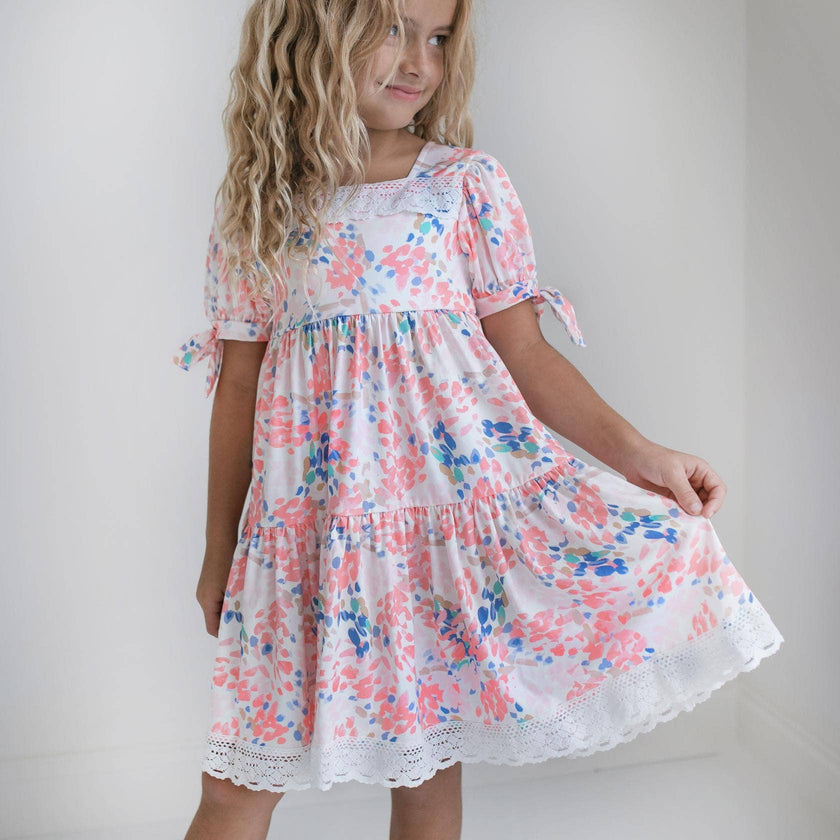 Kids Pink & Blue Lace Tiered Square Neck Dress