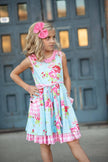 Kids Pink & Blue Floral Gingham Check Pocket Ruffle Dress